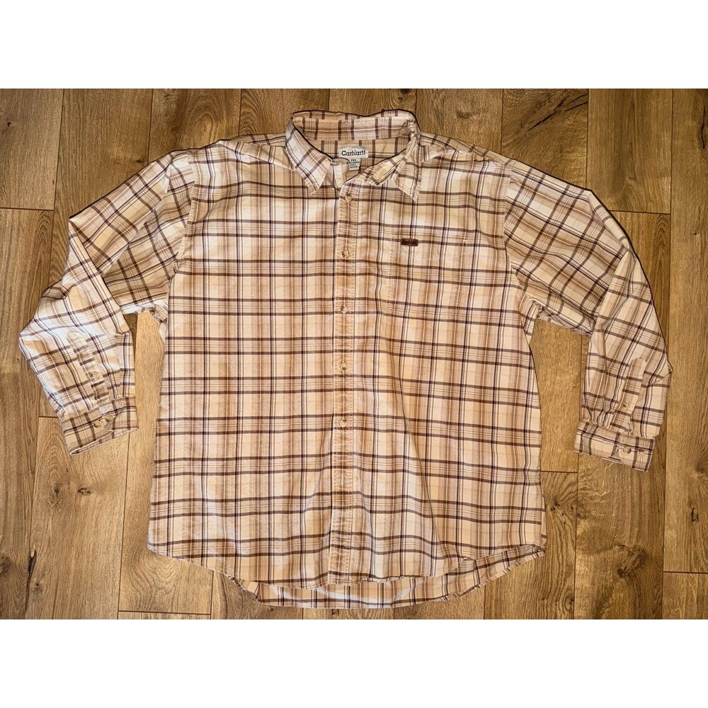Men’s Carhartt Brown Khaki 100% Cotton Button Up Shirt 2XL Collared